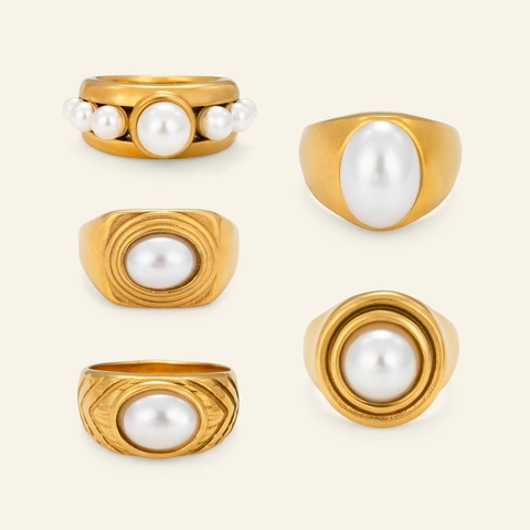 Bague en Acier Inoxydable Plaqué Or 18K Vintage pour Femmes Style Rétro Géométrique Perle Artificielle Bijoux Quotidiens
