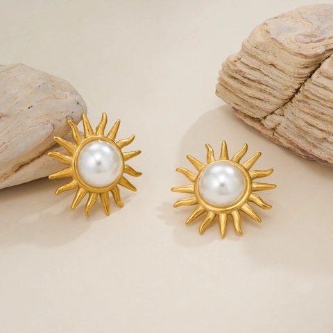 Vintage Stainless Steel Sun Flower Stud Earrings With 18K Gold Plating And Imitation Artificial Pearl For Women Holiday Jewelry