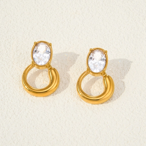 18K Gold Plated Stainless Steel Oval Zirconia Drop Earrings For Women Vintage Bohemian Geometric Hoop Earrings Jewelry