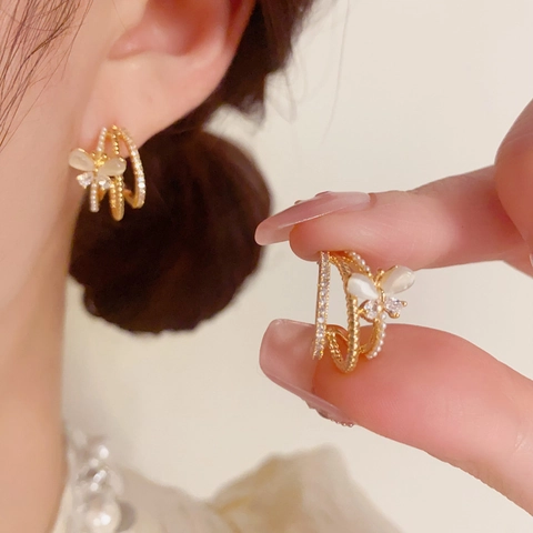 Butterfly Triple Layer Stud Earrings For Women Rhinestone Artificial Pearl Inlaid Jewelry S925 Sterling Silver Post Gold Silver Plated