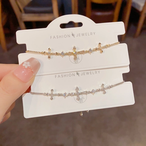 French Vintage Luxury Zirconia Crucifix Cross Bracelet Adjustable Slider 14K Gold Plated Copper Chain Bracelet For Women Jewelry