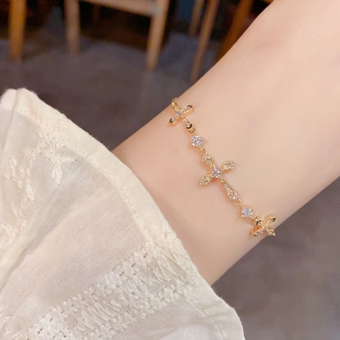 French Vintage Luxury Zirconia Crucifix Cross Bracelet Adjustable Slider 14K Gold Plated Copper Chain Bracelet For Women Jewelry
