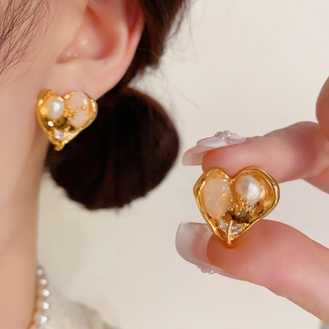 Boucles d'Oreilles Clous Cœur Perle Artificielle Fleur Rétro Français Tige en Argent Sterling 925 Plaqué Or Strass