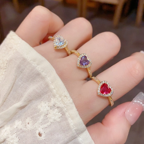 Bague Ouverte en Cuivre Forme de Cœur Luxe Léger Élégante Bague Réglable Incrustée de Strass Bijoux pour Femmes