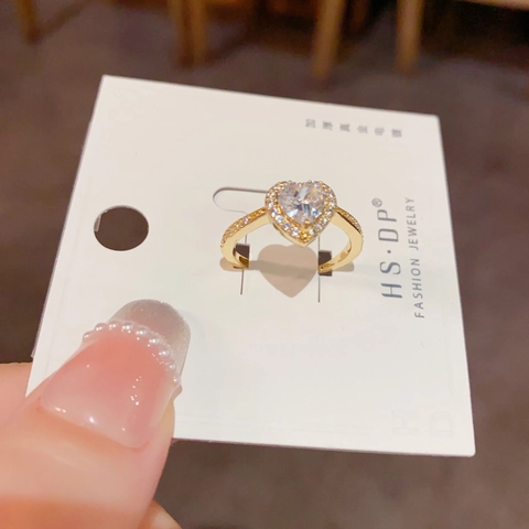 Bague Ouverte en Cuivre Forme de Cœur Luxe Léger Élégante Bague Réglable Incrustée de Strass Bijoux pour Femmes