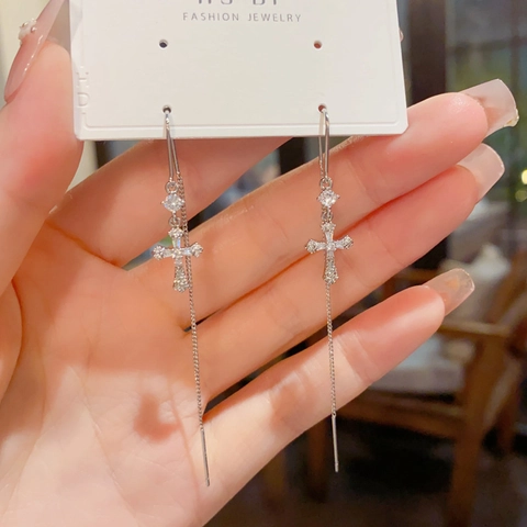 Boucles d'Oreilles Ligne d'Oreille Élégantes avec Croix en Zircon et Long Gland en Cuivre Plaqué Or 14K Argent pour Femme