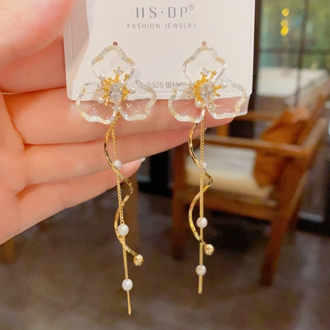 Pendientes Colgantes Elegantes de Borla Larga de Estilo Francés Pétalo de Flor de Resina Transparente Cobre Con Poste de Plata de Ley 925 Perla Artificial Strass Joyería para Mujer