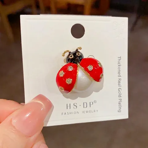 Broche de Mariquita de Esmalte de Cobre Vintage para Mujer Moda Insecto Diamante de Imitación Perla Artificial Joyería Chapada en Oro