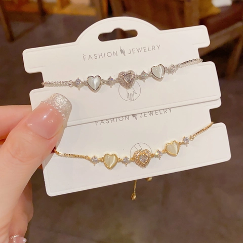 Minimalist Copper Gold Plated Heart Zirconia Adjustable Pull Chain Bracelet Fashion Cat Eye Stone Jewelry For Women Gift