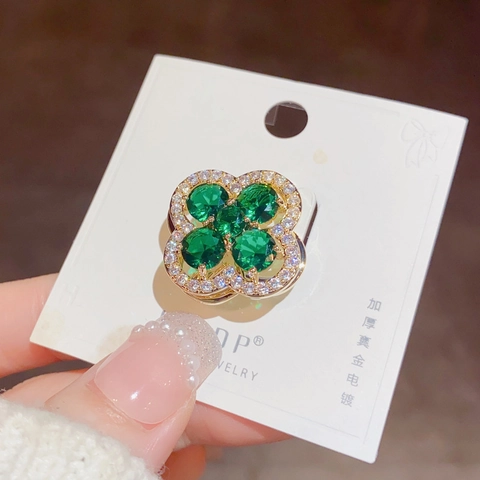 Luxury Rotating Four Leaf Clover Brooch For Women Gold Plated Copper Green Zirconia Floral Corsage Fashion Jewelry Gift