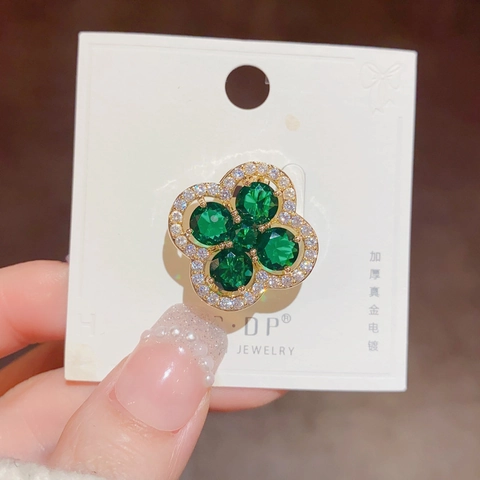 Luxury Rotating Four Leaf Clover Brooch For Women Gold Plated Copper Green Zirconia Floral Corsage Fashion Jewelry Gift