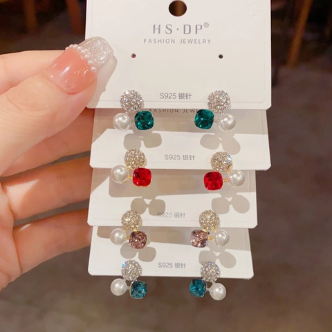 Boucles d'Oreilles Clous Perle Artificielle Strass Carré en Cuivre Avec Tige Argent Sterling 925 Bijoux Femme