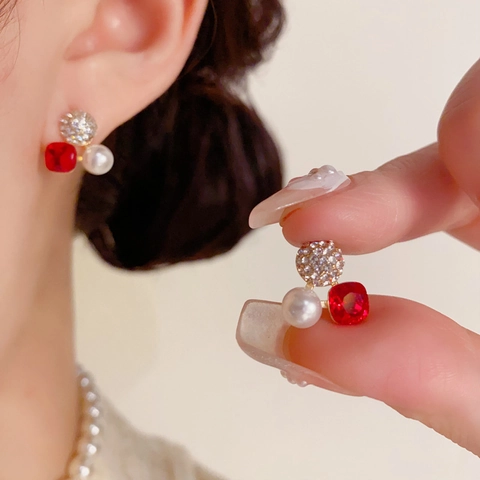 Boucles d'Oreilles Clous Perle Artificielle Strass Carré en Cuivre Avec Tige Argent Sterling 925 Bijoux Femme