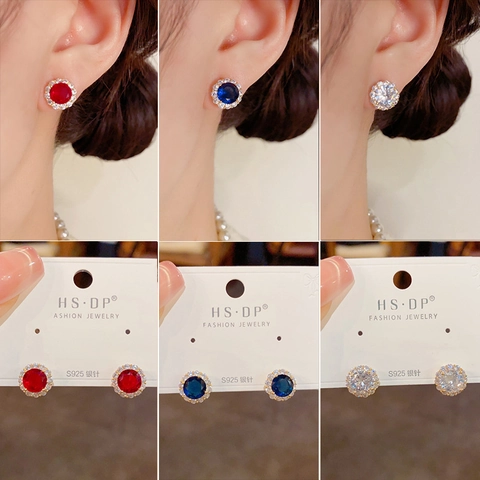 Boucles d'Oreilles Clous de Luxe en Cuivre avec Halo de Zirconia Rond et Tige en Argent Sterling 925 Plaqué Or pour Femme