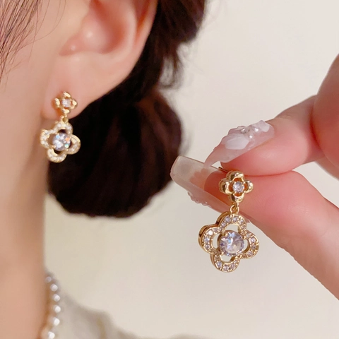 Parure de Bijoux Luxe en Cuivre Zirconia Trèfle à Quatre Feuilles Or Argent Plaqué Pendentif Fleur Collier Boucles d'Oreilles
