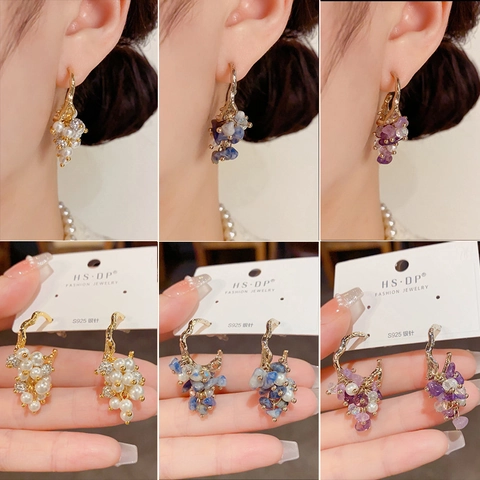 Boucles d'Oreilles Pendantes Grappe de Raisin Vintage Avec Tige en Argent Sterling 925 Or 14K Bijoux Élégants Femme
