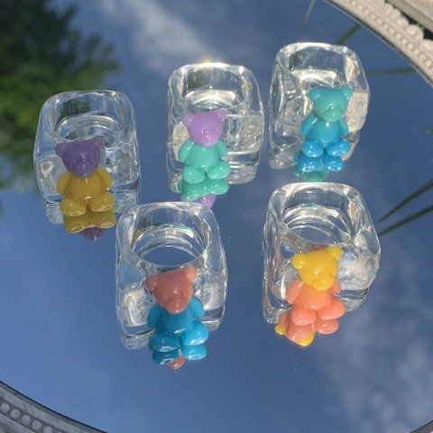 Y2K Cartoon Bear Resin Rings For Women Gradient Colorful Transparent Chunky Finger Ring Dopamine Style Jewelry Gift