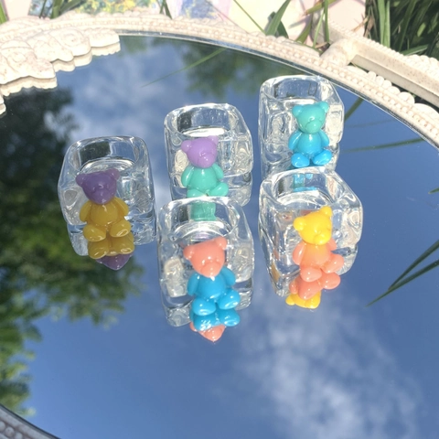 Y2K Cartoon Bear Resin Rings For Women Gradient Colorful Transparent Chunky Finger Ring Dopamine Style Jewelry Gift
