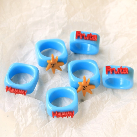 Y2K Trendy Resin Square Ring For Women Sky Blue Plastic Ring With Starfish Smiley Happy Letters Pattern Fashion Jewelry Gift