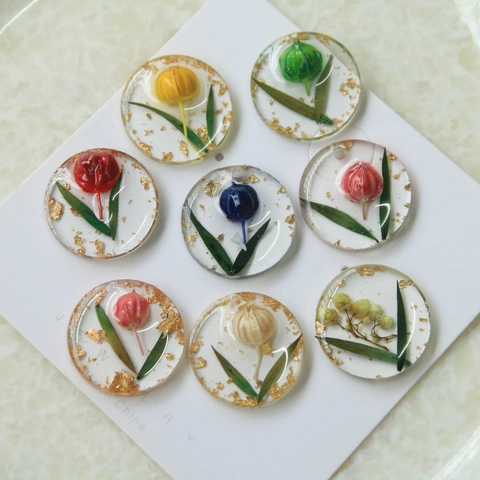 Handmade Round Transparent Resin Dried Flower Charms With Gold Foil Botanical Floral Epoxy Patches For DIY Jewelry Making