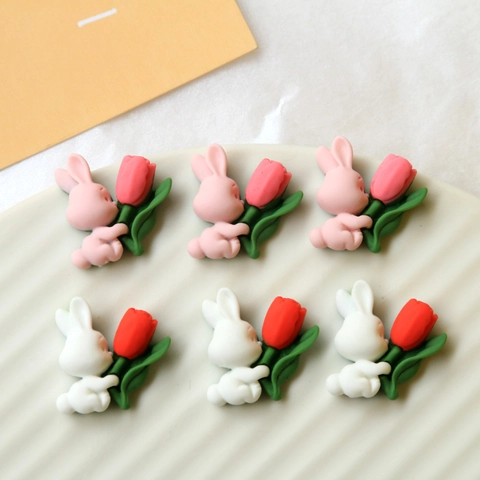 Coniglietto in Resina Con Fiore di Tulipano Flatback Cabochon Materiale Fai da Te Per Cover Telefono Decorazione Accessori Capelli