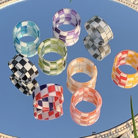 Bagues Ouvertes en Résine Damier Rétro Motif Grille Coloré Bague Réglable Y2K Style Coréen Bijoux pour Femmes Hommes