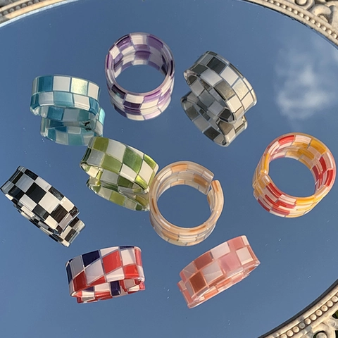 Bagues Ouvertes en Résine Damier Rétro Motif Grille Coloré Bague Réglable Y2K Style Coréen Bijoux pour Femmes Hommes