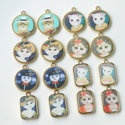 Japanese Retro Oil Painting Style Painted Cat Alloy Pendants DIY Jewelry Accessories Round Square Metal Charms For Jewelry Making
