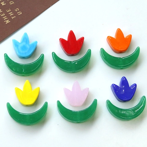 Handmade Lampwork Glass Tulip Flower And Crescent Moon Leaf Beads For DIY Jewelry Making Earrings Phone Case Accessories