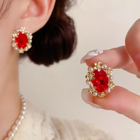 Boucles d'Oreilles Géométriques Vintage en Cuivre Pour Femmes Élégantes Perle Artificielle Strass Pierre Ovale Bijoux Cadeau