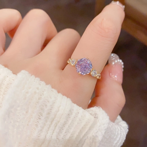 Elegant Rose Flower Zirconia Open Ring For Women 14K Gold Plated Copper Adjustable Band Korean Fashion Jewelry Finger Ring