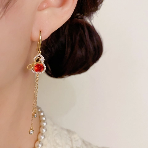 Parure de Bijoux Calebasse en Zirconia Nouveau Style Chinois Boucles d'Oreilles Collier Bracelet Femme Cuivre Plaqué Or 14K