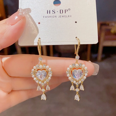 Boucles d'Oreilles Pendantes Vintage en Cuivre Forme de Cœur Gland Pour Femmes Élégant Collier en Perles Artificielles Strass Bijoux Style Palais