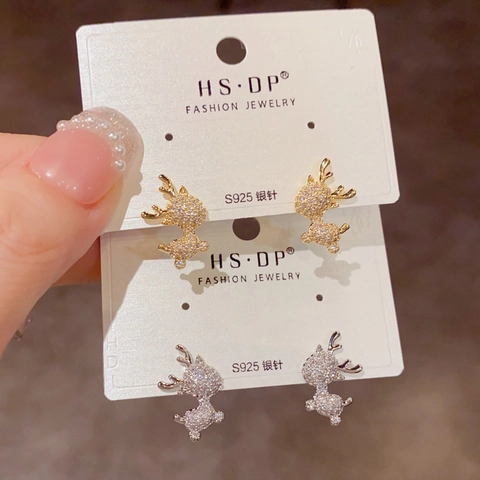Boucles d'Oreilles Clous Renne en Cuivre de Luxe Avec Tige en Argent Sterling 925 Or Argent Strass Bijoux Noël Femme