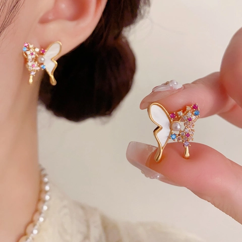 Elegant Butterfly Stud Earrings Copper 14K Gold Plating 925 Sterling Silver Earring Post Rhinestone Artificial Pearl Shell Jewelry