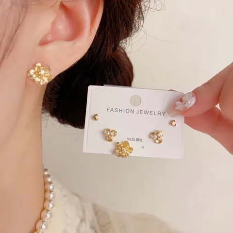 Copper Flower Heart Stud Earrings Set With 925 Sterling Silver Earring Post Artificial Pearl Rhinestone Jewelry For Women