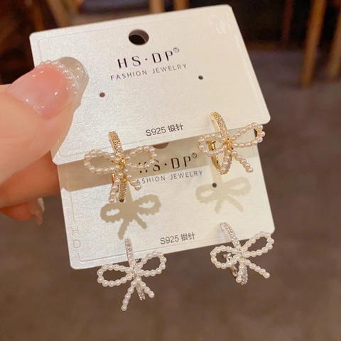 Elegant Bow Artificial Pearl Hoop Earrings With 925 Sterling Silver Earring Post Gold Silver Plated Copper Zirconia Earrings For Women