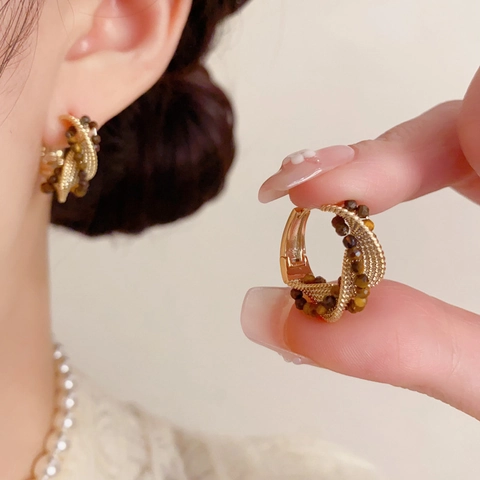 Französische Vintage Kupfer 14K Vergoldet Perlen Ohrringe Für Damen Minimalistische Metall Gewebte Ohrklemmen Schmuck