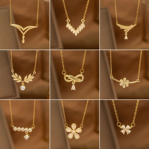 Elegant Gold Plated Stainless Steel Necklace For Women Copper Zirconia Inlaid V Shape Heart Flower Pendant Clavicle Chain