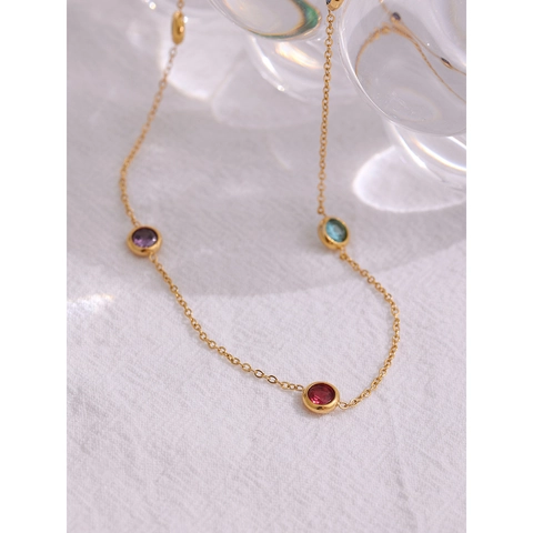 Collar Pendientes Pulsera de Acero de Titanio Chapado en Oro 18K con Diamantes de Imitación de Colores para Mujer