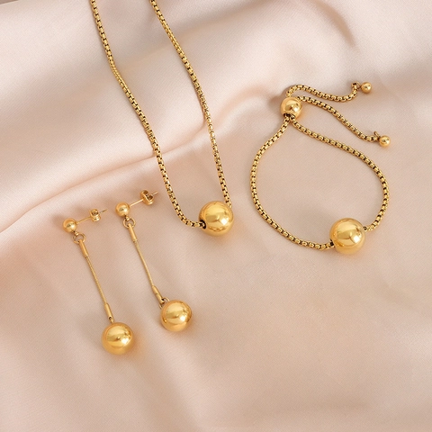 Minimalist 18K Gold Plated Stainless Steel Round Ball Necklace Adjustable Bracelet Drop Earrings Jewelry For Women