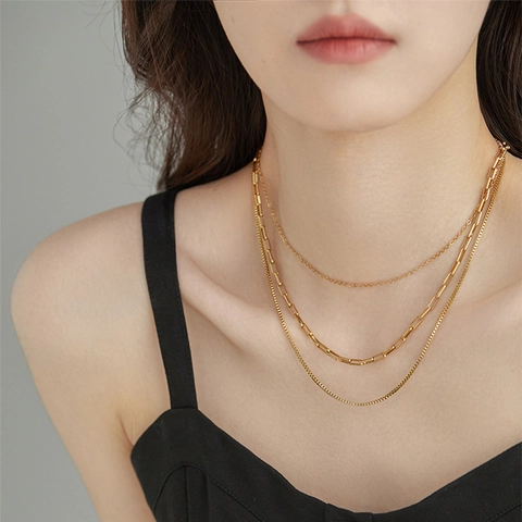 18K Gold Plated Titanium Steel Triple Layered Necklace Chic Box Paperclip Chain Layering Choker For Women Vintage Jewelry