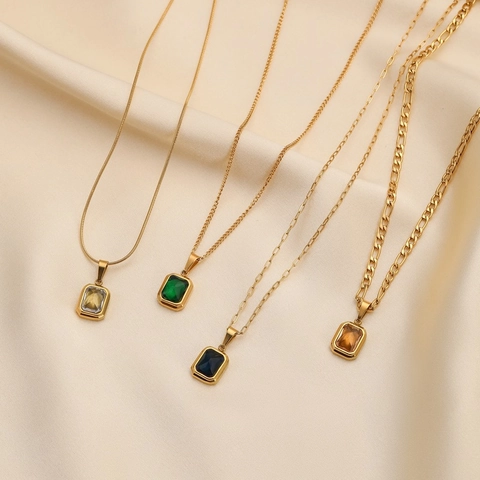Vintage 18K Gold Plated Titanium Steel Necklace Rectangular Zirconia Gemstone Pendant Necklace Figaro Paperclip Chain