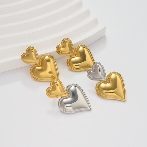 Edelstahl Doppel Herz Anhänger Ohrstecker Gold Silber Galvanisiert Stapel Liebe Herz Hängeohrringe Für Damen Schmuck