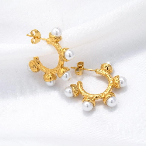 18K Vergoldet Edelstahl Creolen Ohrstecker Mit Imitationsperlen Vintage Gehämmerte Textur Schmuck Für Damen Geschenk