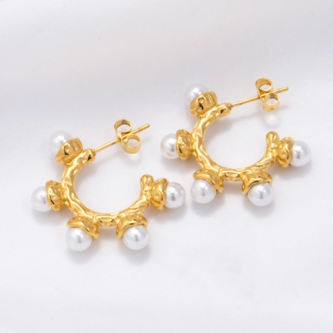 18K Vergoldet Edelstahl Creolen Ohrstecker Mit Imitationsperlen Vintage Gehämmerte Textur Schmuck Für Damen Geschenk