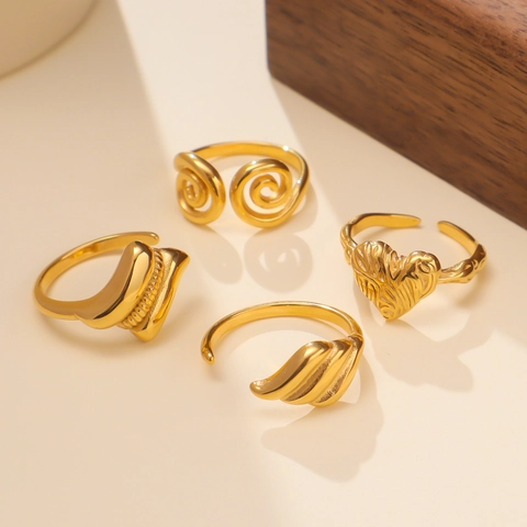 Minimalistischer 18K Vergoldeter Edelstahl Offener Ring Für Damen Vintage Geometrischer Herz Flügel Spiral Verstellbarer Ring