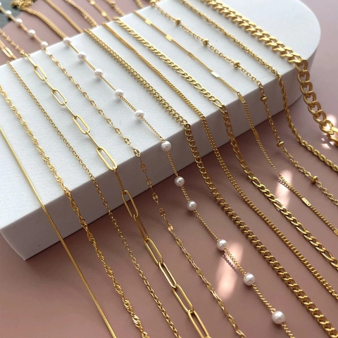 18K Vergoldete Edelstahl Halskette Für Damen Minimalistisch Schlangenkette Figaro Panzerkette Büroklammer Künstliche Perle Schmuck