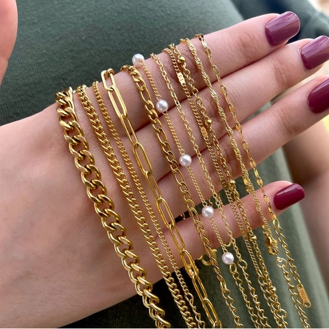 18K Vergoldete Edelstahl Halskette Für Damen Minimalistisch Schlangenkette Figaro Panzerkette Büroklammer Künstliche Perle Schmuck