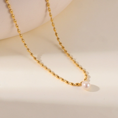 18K Vergoldet Edelstahl Süßwasserperle Anhänger Halskette Damen Ovaler Perlenkette Mode Schmuck Halsschmuck Geschenk
